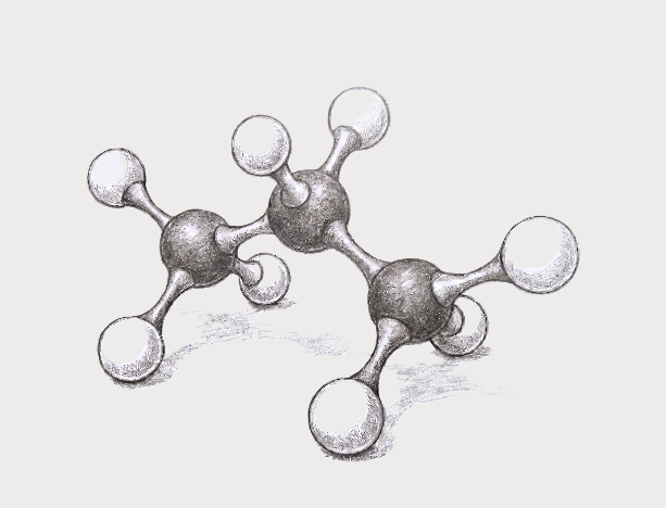 ALKANE's propane ball-and-stick brand illustration, from the app's own splash screen
